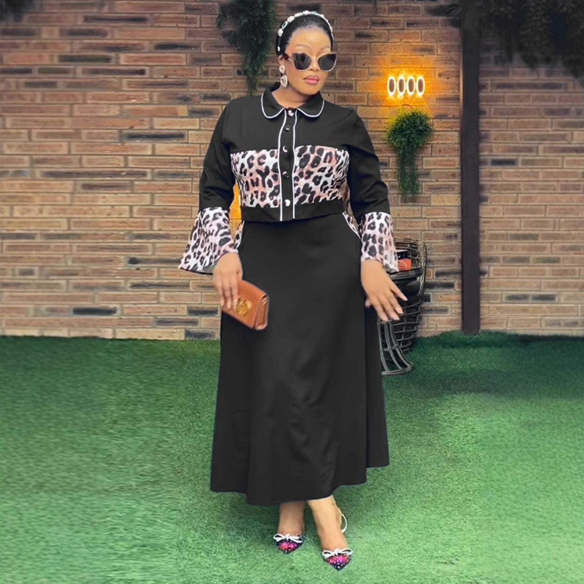 Leopard Print Patchwork Top Long Dress Suit