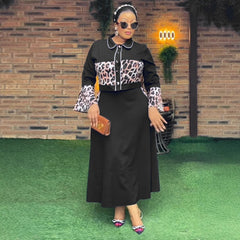 Leopard Print Patchwork Top Long Dress Suit