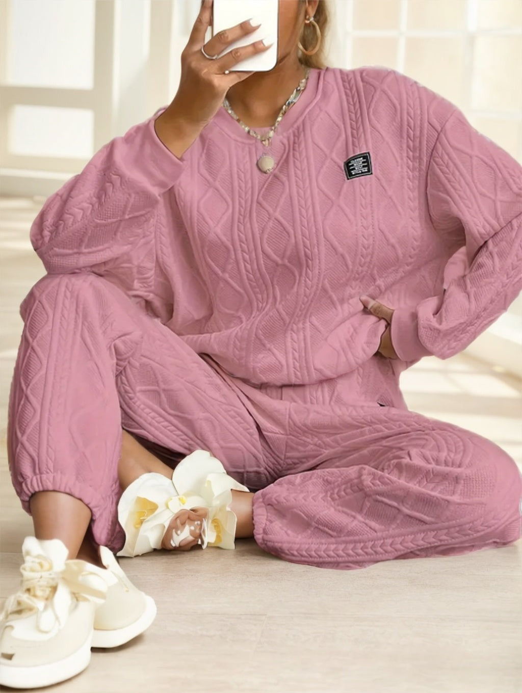 Cozy Cable Knit Lounge Set - Textured Crewneck & Joggers