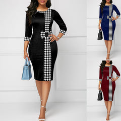 Elegant Plaid Patchwork Dress – Sheath Fit & Crewneck