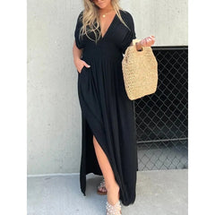 Elegant V-Neck Summer Maxi Dress – Batwing Sleeves & Slit