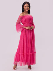 Off-Shoulder Mesh Wedding Dress – Long Sleeves & Flowing Skirt