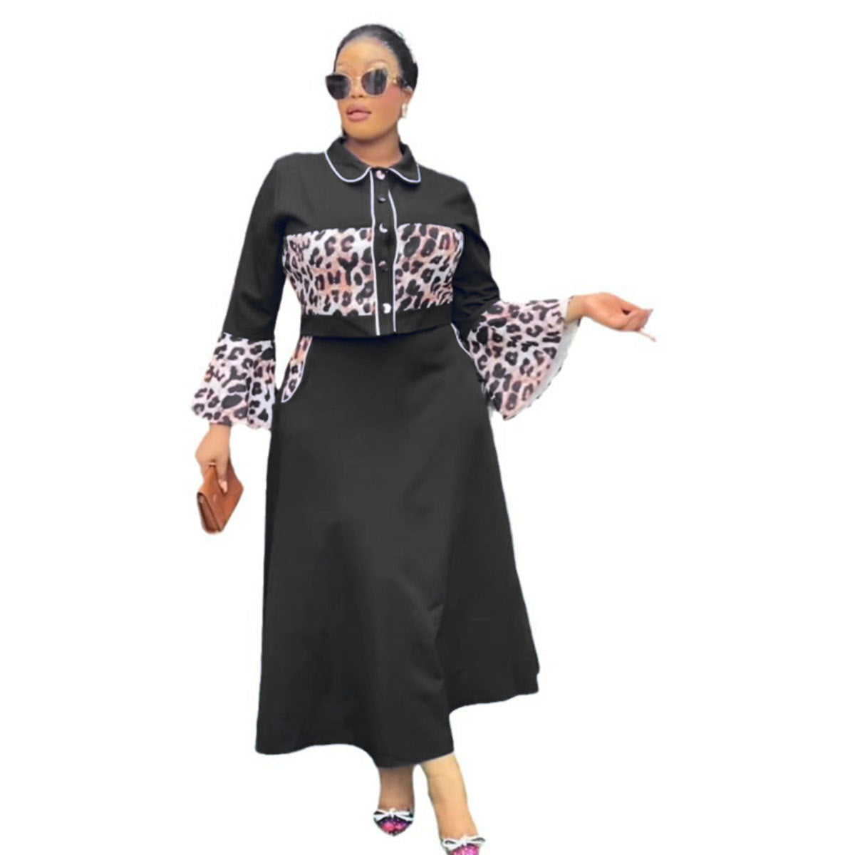 Leopard Print Patchwork Top Long Dress Suit