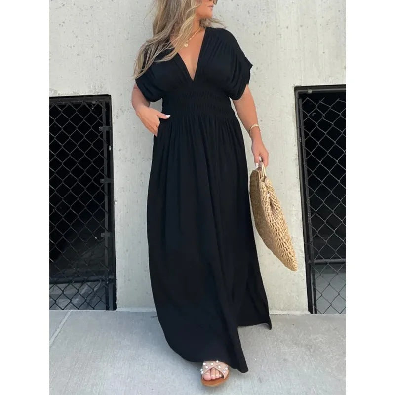 Elegant V-Neck Summer Maxi Dress – Batwing Sleeves & Slit