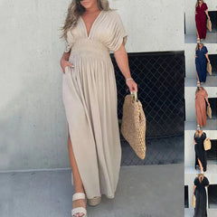 Elegant V-Neck Summer Maxi Dress – Batwing Sleeves & Slit