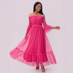 Off-Shoulder Mesh Wedding Dress – Long Sleeves & Flowing Skirt