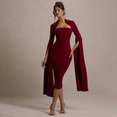 Elegant Long Sleeve Midi Dress – Split & Cutout Design