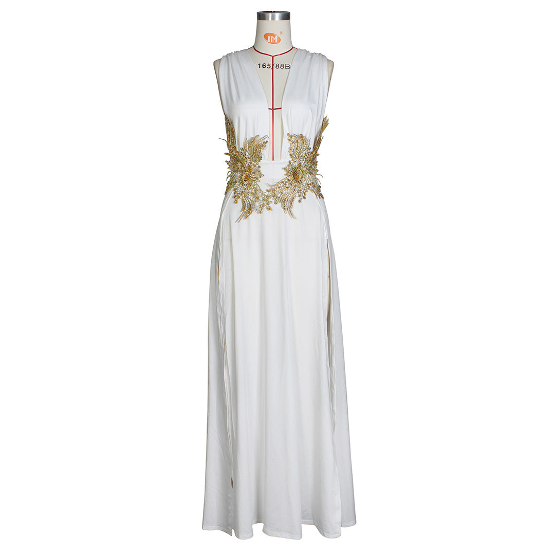 Elegant Deep V Maxi Dress – High Slit & Flowing Style