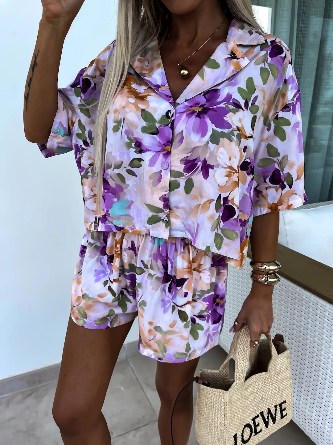 Women’s Printed Two-Piece – Short-Sleeve Blazer & Shorts