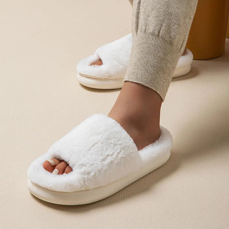 Women’s Fluffy Open-Toe Slippers – Elegant Home Comfort