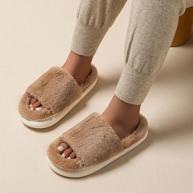 Women’s Fluffy Open-Toe Slippers – Elegant Home Comfort