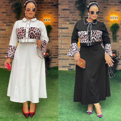 Leopard Print Patchwork Top Long Dress Suit