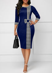 Elegant Plaid Patchwork Dress – Sheath Fit & Crewneck