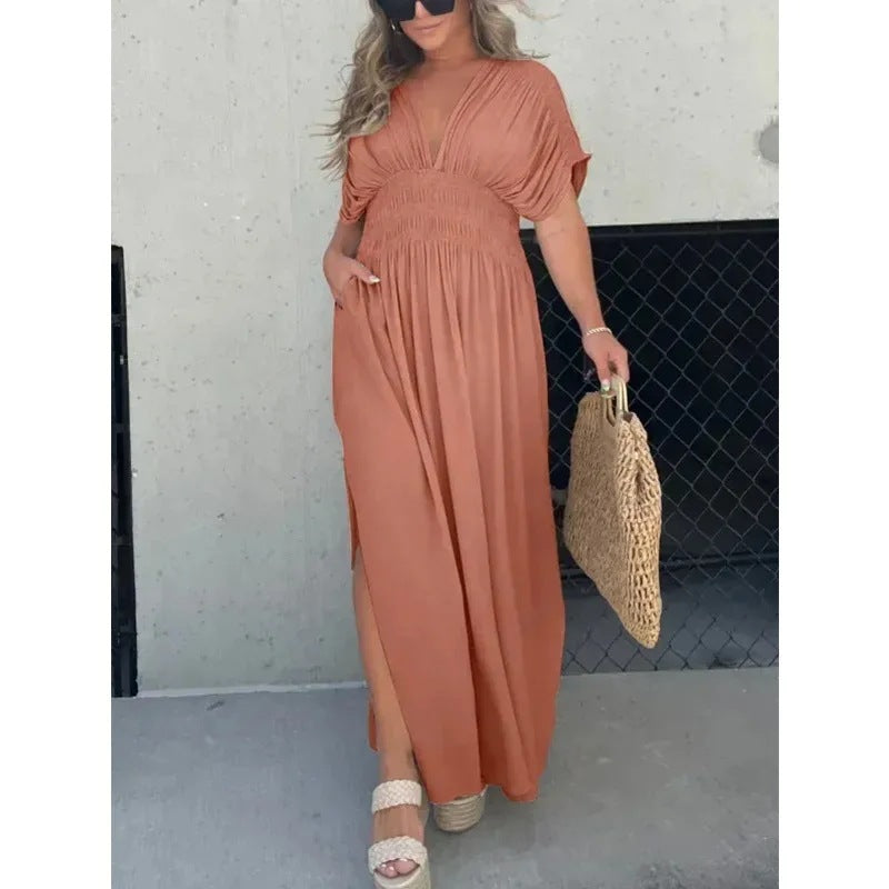 Elegant V-Neck Summer Maxi Dress – Batwing Sleeves & Slit