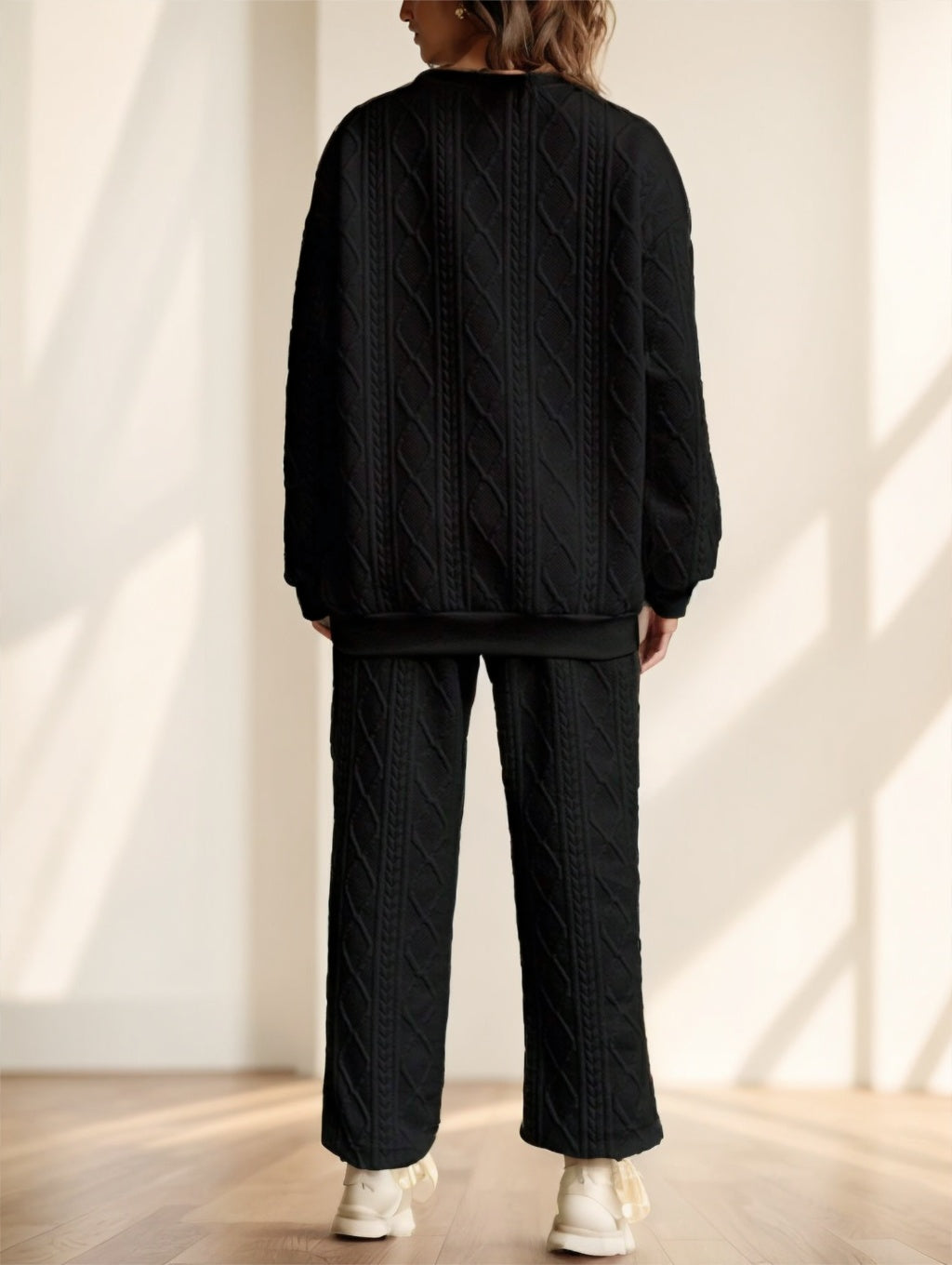 Cozy Cable Knit Lounge Set - Textured Crewneck & Joggers