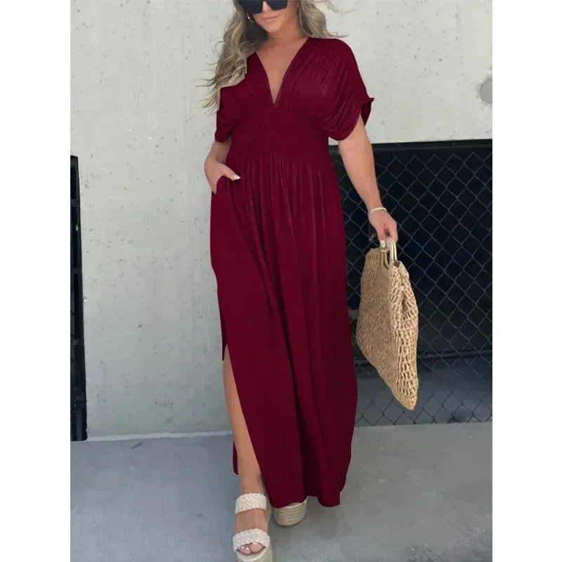 Elegant V-Neck Summer Maxi Dress – Batwing Sleeves & Slit