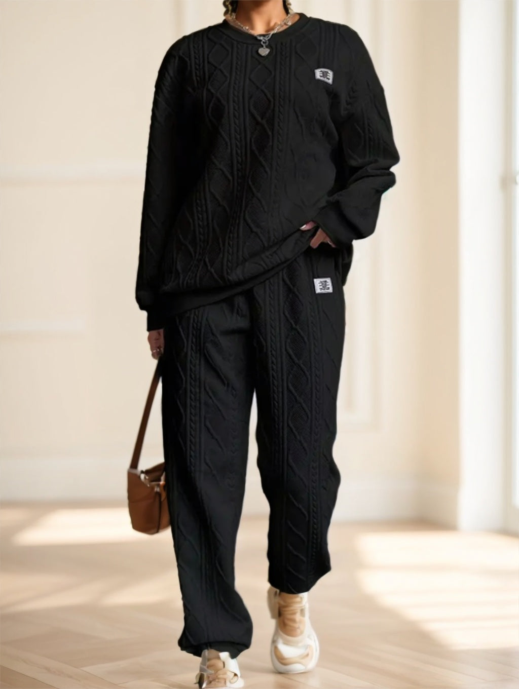 Cozy Cable Knit Lounge Set - Textured Crewneck & Joggers