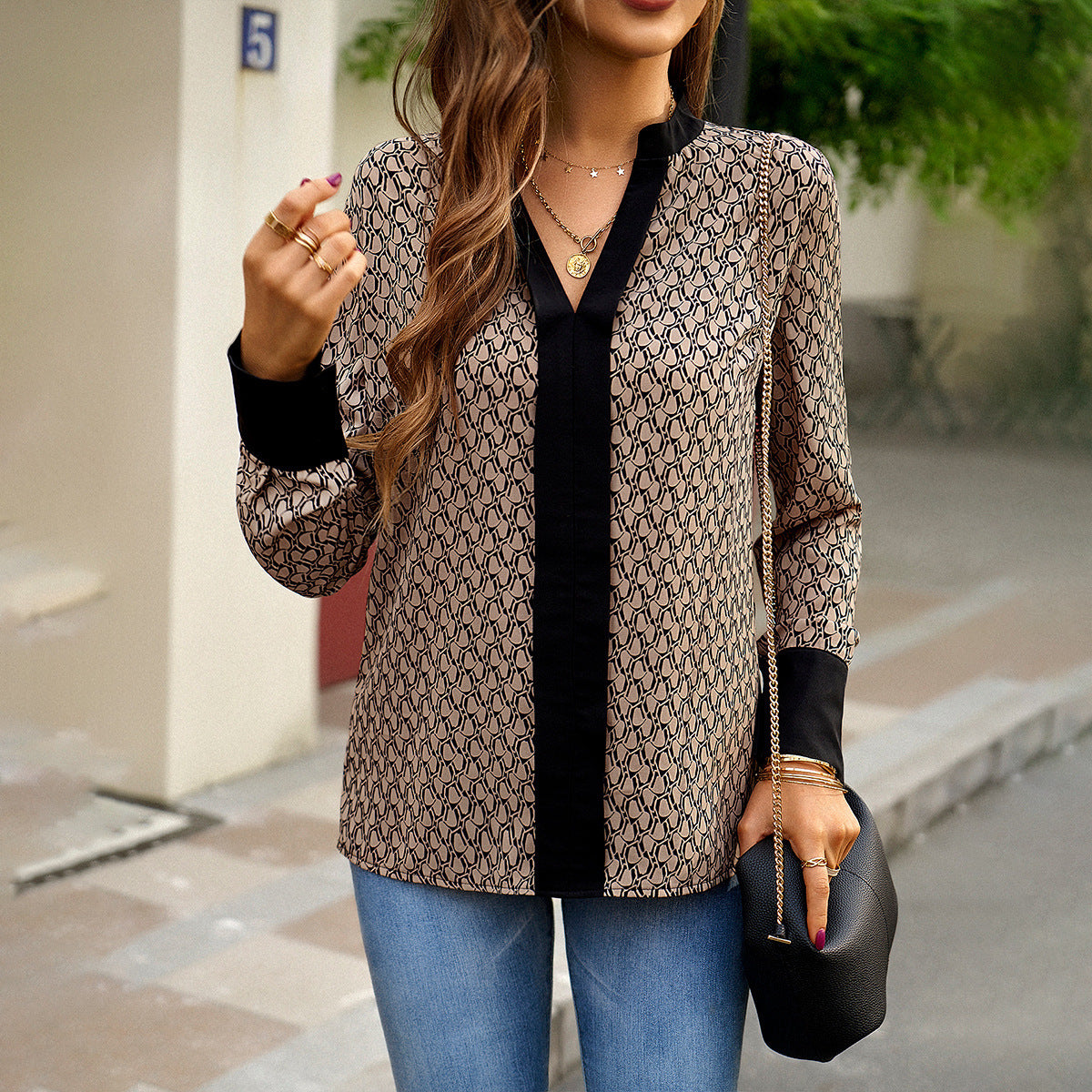 Women's Floral V-Neck Long Sleeve Top – Soft Stretchy Shirt