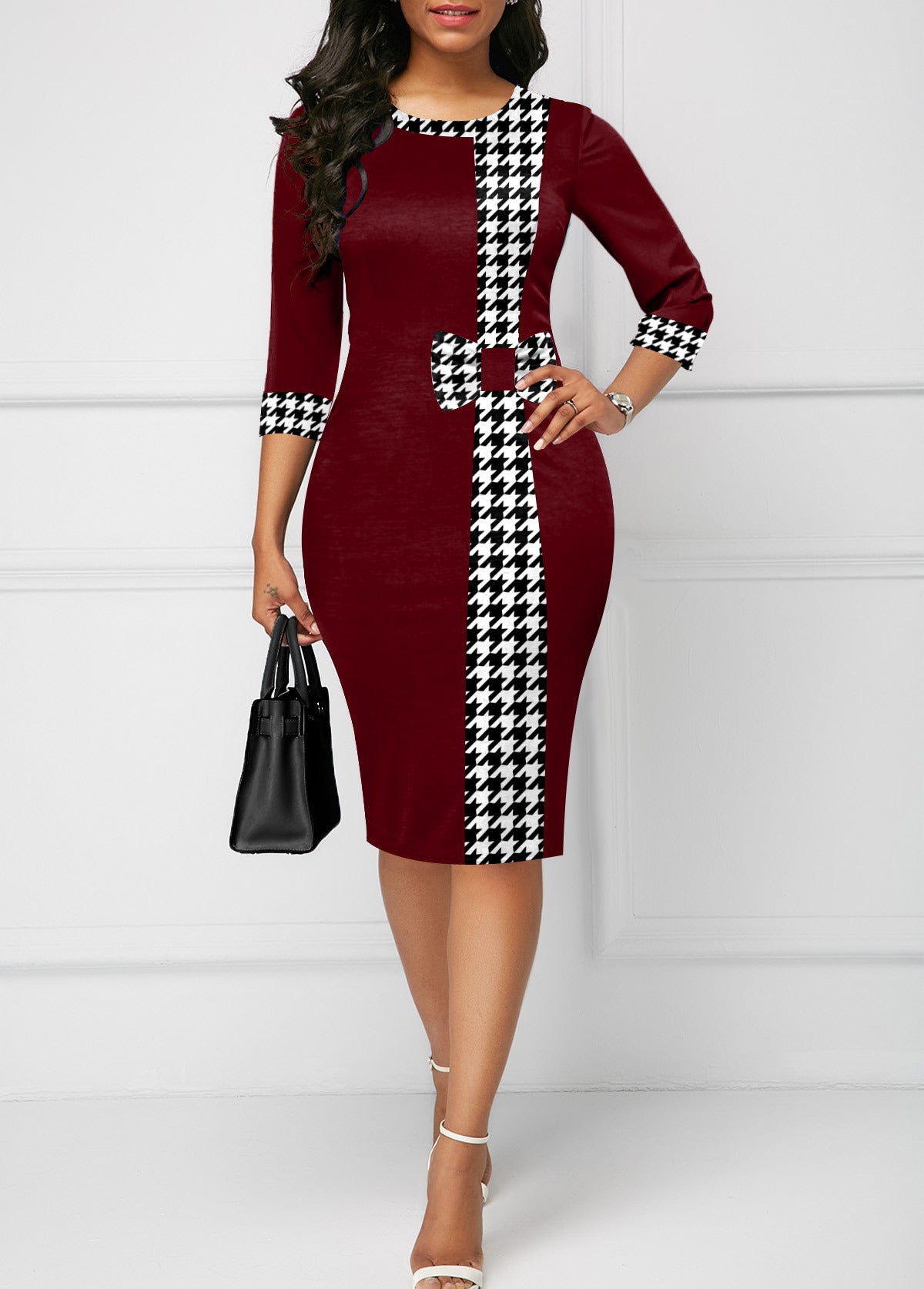 Elegant Plaid Patchwork Dress – Sheath Fit & Crewneck