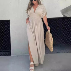 Elegant V-Neck Summer Maxi Dress – Batwing Sleeves & Slit