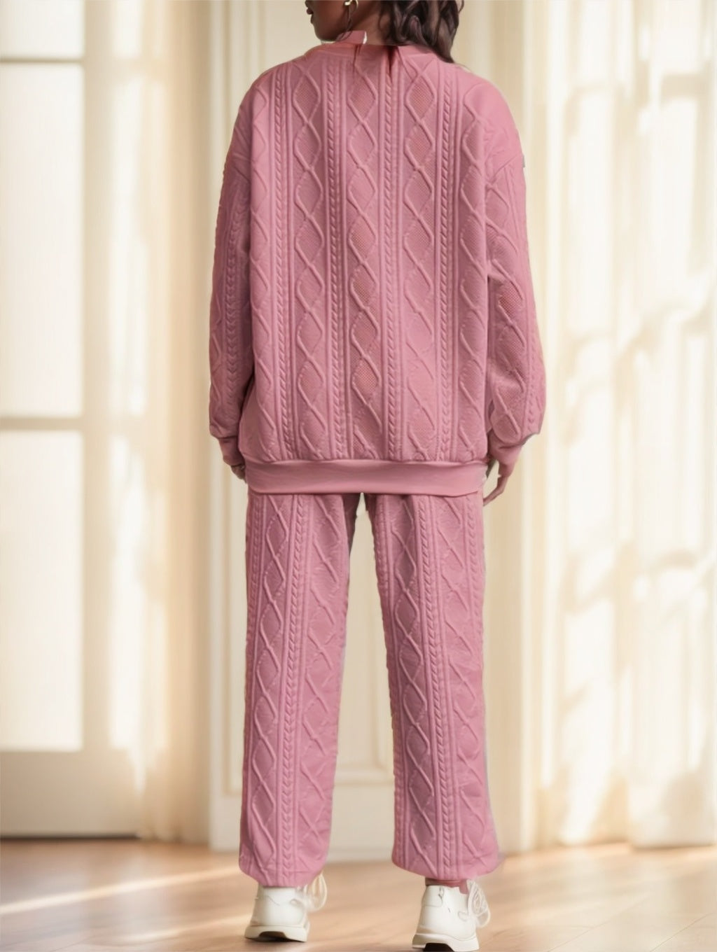 Cozy Cable Knit Lounge Set - Textured Crewneck & Joggers