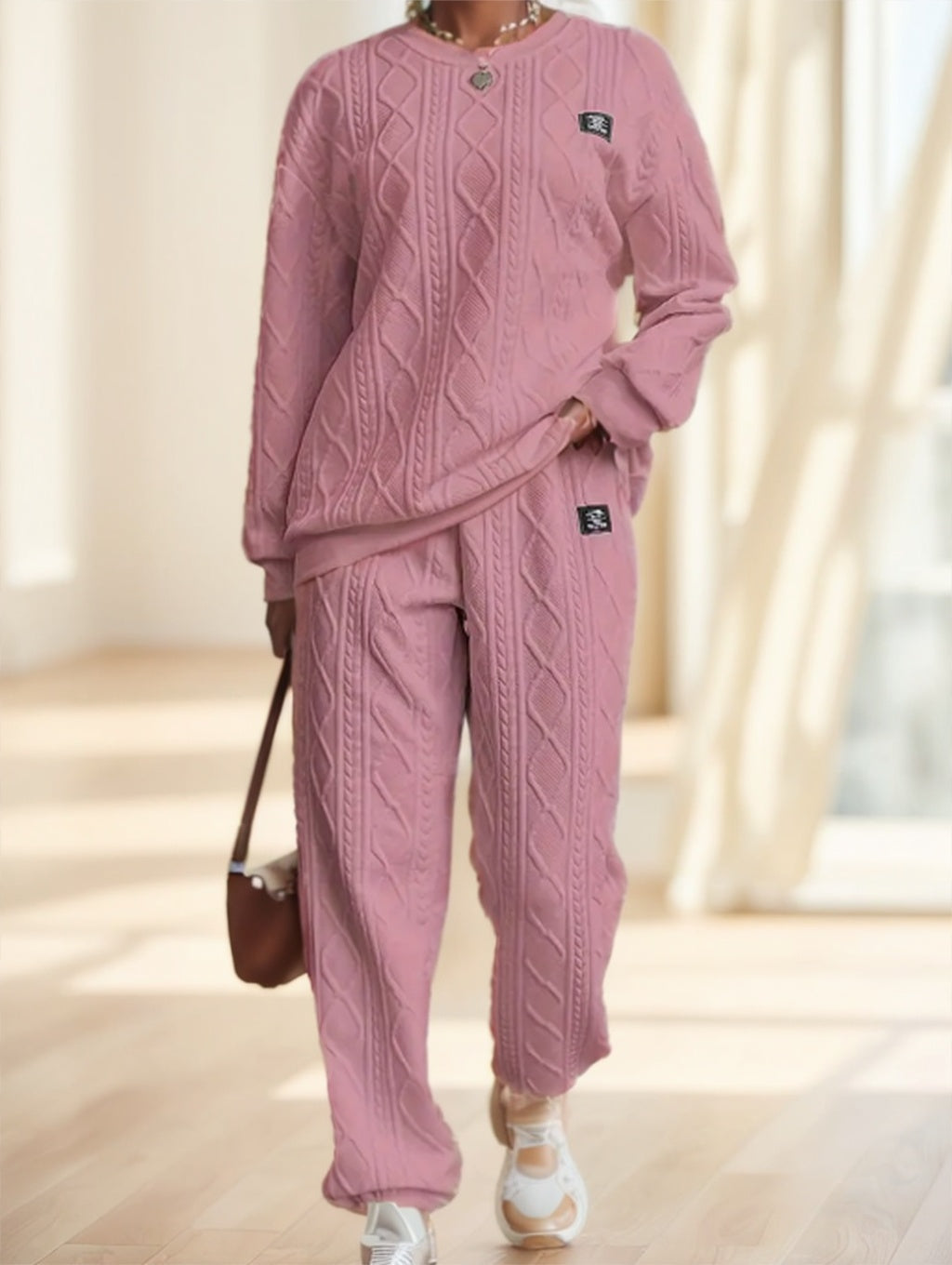 Cozy Cable Knit Lounge Set - Textured Crewneck & Joggers